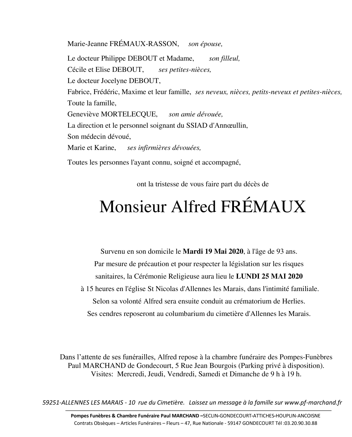 Avis De Décès Pompes Funèbres Foulon Allennes-les-marais