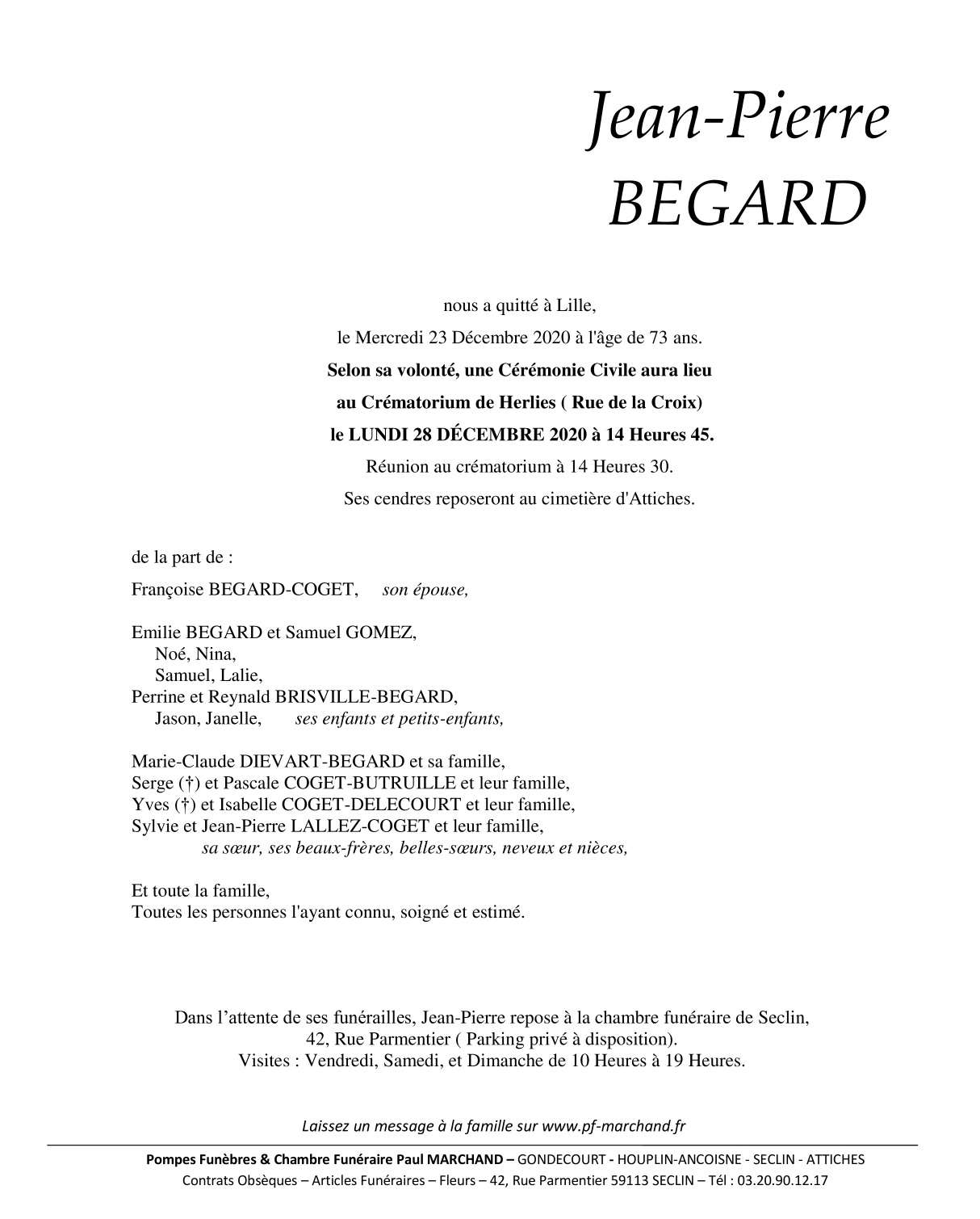 Pompes Funèbres Marchand Ronchin Avis De Décès