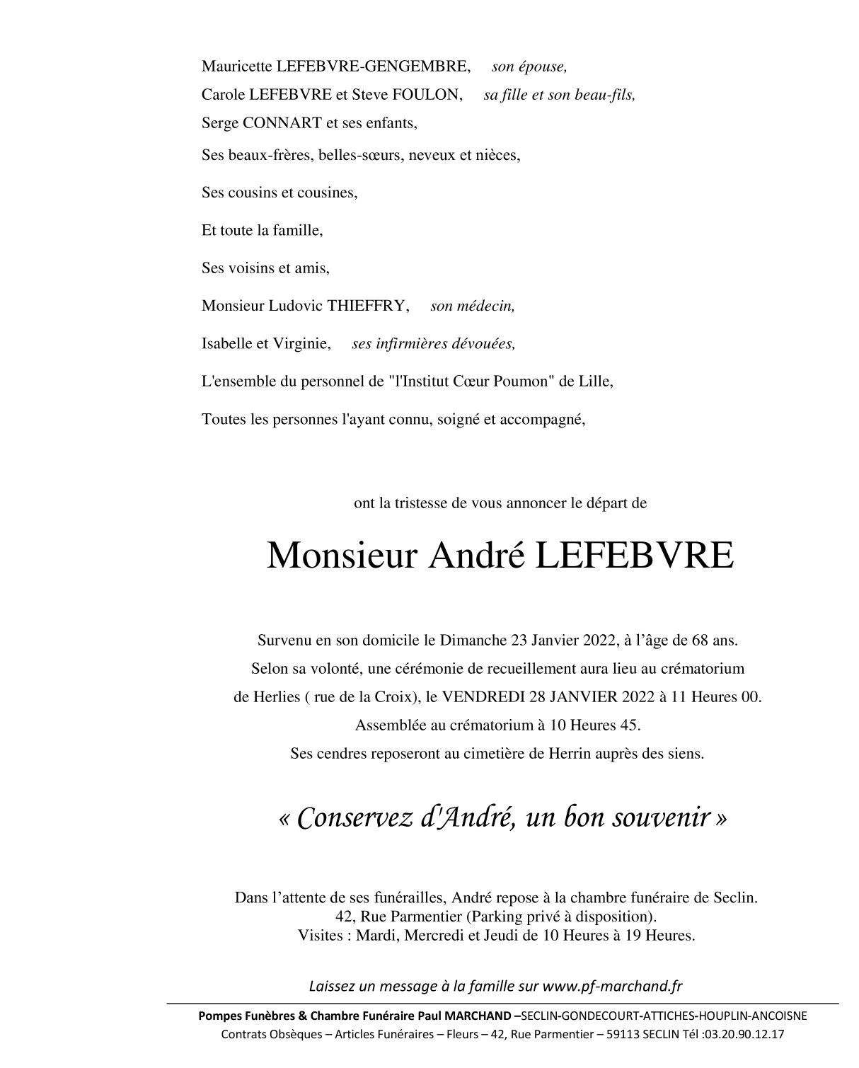 Pompes Funèbres Lefebvre Bailleul Faire Part De Décès