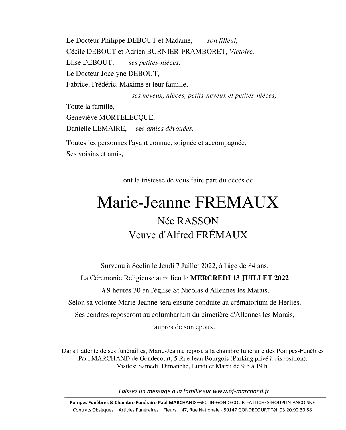 Avis De Décès Pompes Funèbres Foulon Allennes-les-marais
