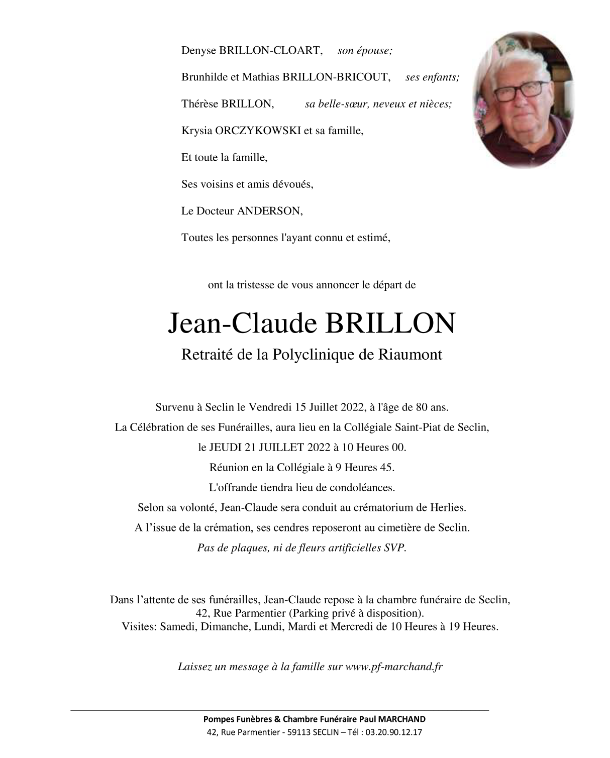 Nécrologie Pompes funèbres Paul Marchand  Décès de Monsieur Jean