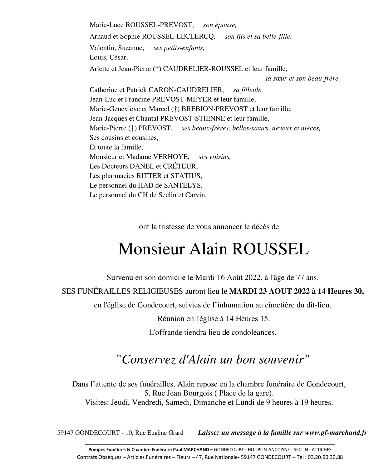 Avis De Décès Pompes Funèbres Foulon Allennes-les-marais